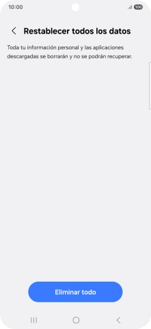 Pulsa Eliminar todo. Espera unos instantes mientras el teléfono restablece la configuración predeterminada. Sigue las indicaciones de la pantalla para configurar el teléfono y dejarlo listo para su uso.