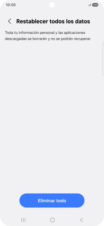 Pulsa Eliminar todo. Espera unos instantes mientras el teléfono restablece la configuración predeterminada. Sigue las indicaciones de la pantalla para configurar el teléfono y dejarlo listo para su uso.