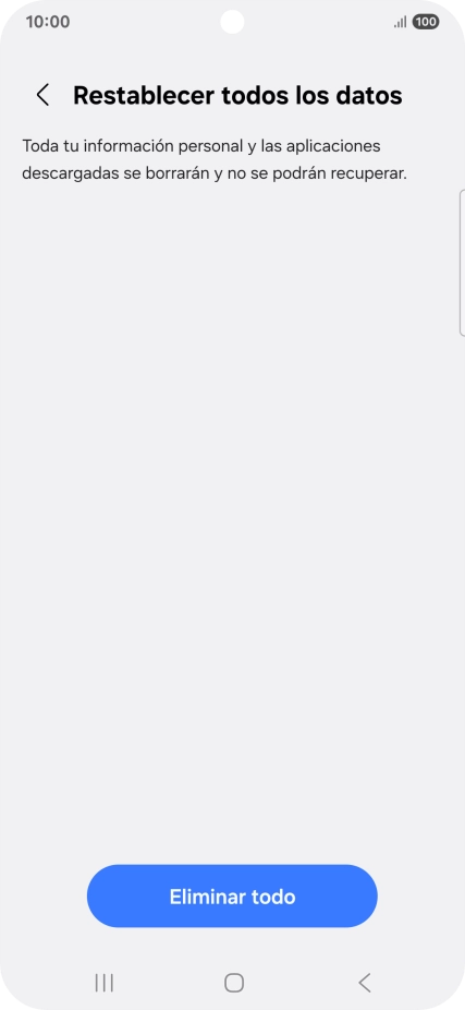 Pulsa Eliminar todo. Espera unos instantes mientras el teléfono restablece la configuración predeterminada. Sigue las indicaciones de la pantalla para configurar el teléfono y dejarlo listo para su uso.