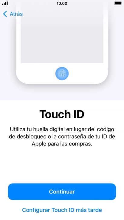 Sigue las indicaciones de la pantalla para activar el uso del reconocimiento facial (Face ID) o pulsa Configurar Touch ID más tarde.