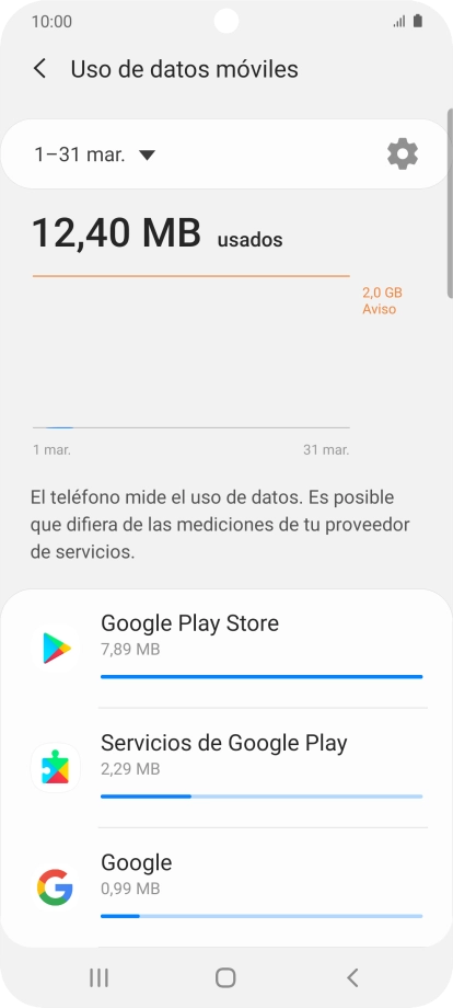 El consumo de datos por cada aplicación aparece bajo el nombre de la aplicación.