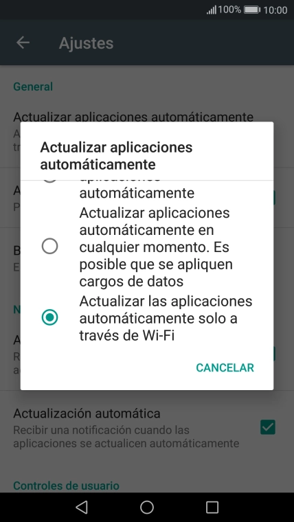 Pulsa Actualizar las aplicaciones automáticamente solo a través de Wi-Fi para activar la función.