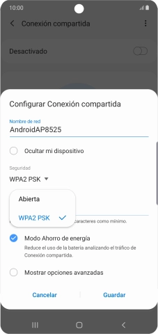 Pulsa WPA2 PSK para proteger la conexión wifi con una contraseña.