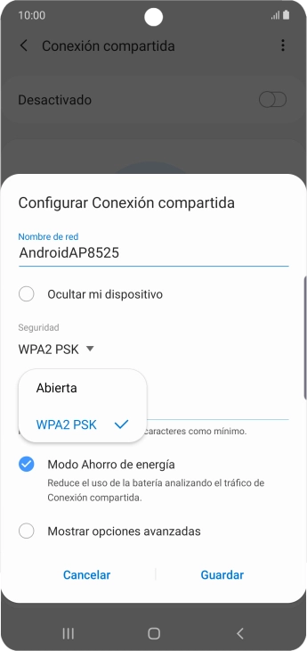 Pulsa WPA2 PSK para proteger la conexión wifi con una contraseña.
