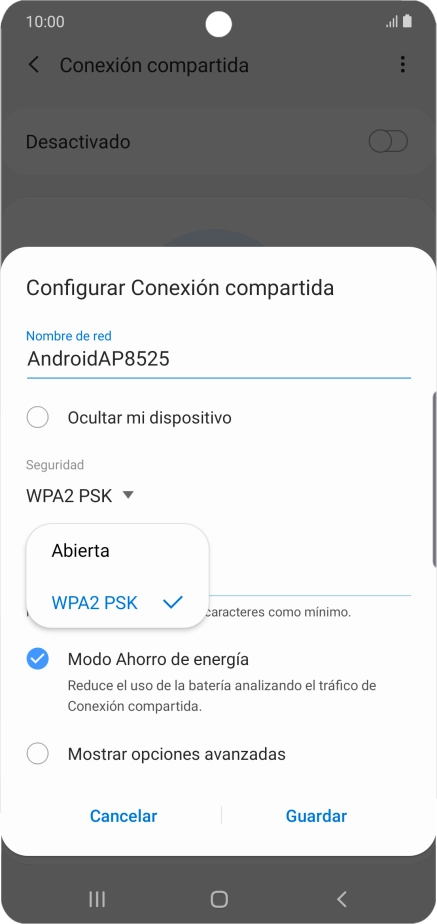 Pulsa WPA2 PSK para proteger la conexión wifi con una contraseña.