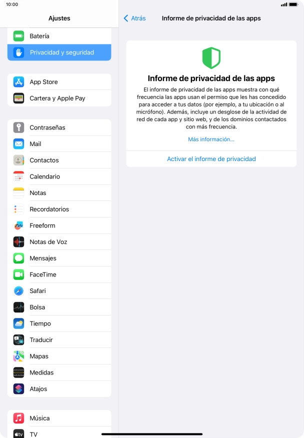 Pulsa Activar el informe de privacidad para activar la función.
