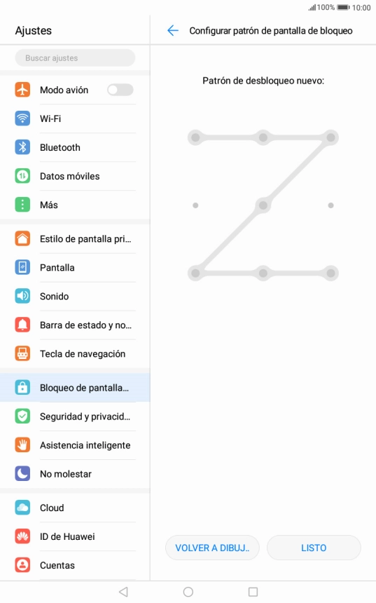 Desliza el dedo por la pantalla para unir por lo menos cuatro puntos, repitiendo la misma operación y pulsa LISTO.
