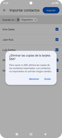 Si deseas conservar los contactos importados en la tarjeta SIM, pulsa Mantener.