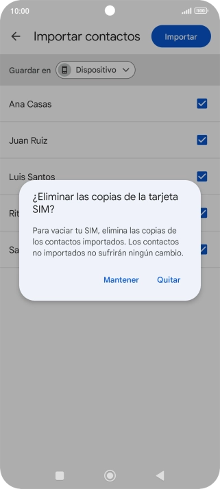 Si deseas conservar los contactos importados en la tarjeta SIM, pulsa Mantener.