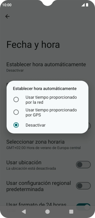Pulsa Usar tiempo proporcionado por la red para activar la función.