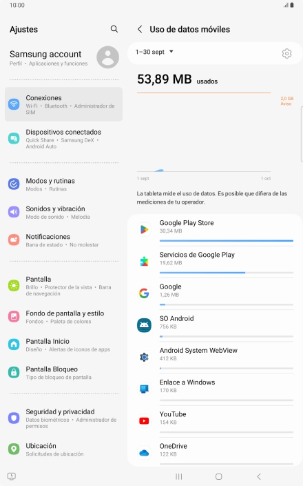El consumo de datos por cada aplicación aparece bajo el nombre de la aplicación.