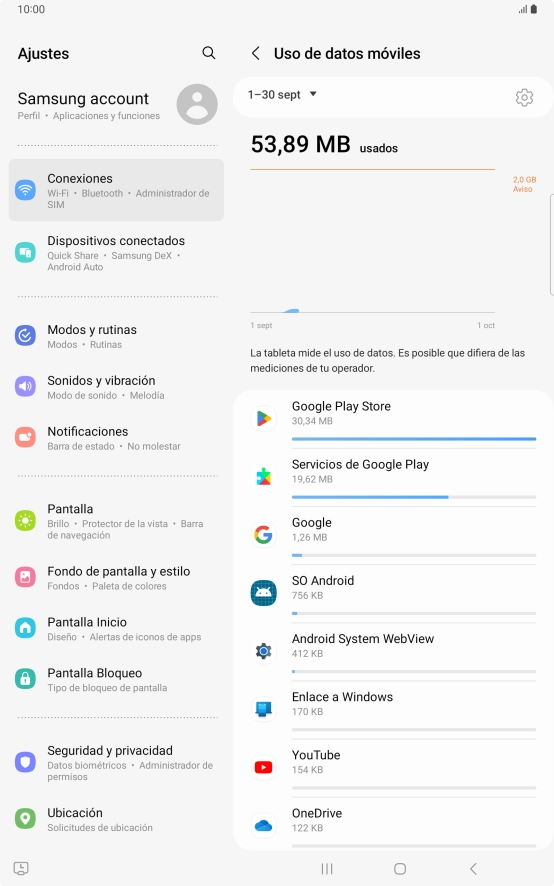 El consumo de datos por cada aplicación aparece bajo el nombre de la aplicación.