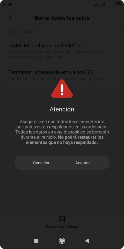 Pulsa Aceptar. Espera unos instantes mientras el teléfono restablece la configuración predeterminada. Sigue las indicaciones de la pantalla para configurar el teléfono y dejarlo listo para su uso.