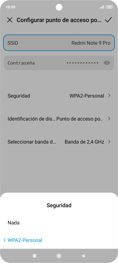Pulsa WPA2-Personal para proteger la conexión wifi con una contraseña.