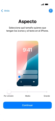 Selecciona el tamaño de letra y de los iconos que debe tener el teléfono y pulsa Continuar.