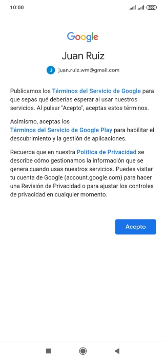 Pulsa Acepto y sigue las indicaciones de la pantalla para seleccionar los ajustes de tu cuenta de Google.
