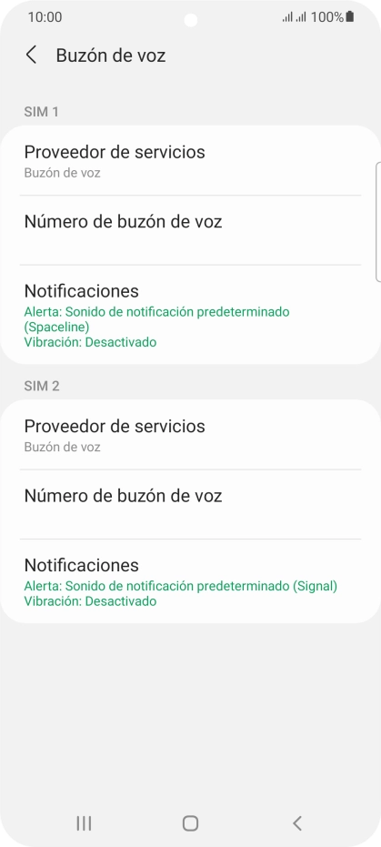 Pulsa Número de buzón de voz bajo la tarjeta SIM deseada.