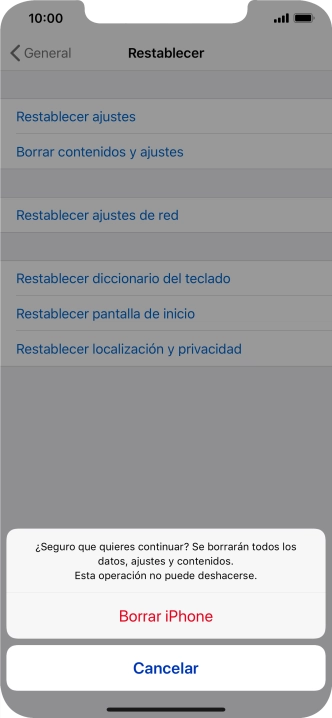 Pulsa Borrar iPhone. Espera unos instantes mientras el teléfono restablece la configuración predeterminada. Sigue las indicaciones de la pantalla para configurar el teléfono y dejarlo listo para su uso.