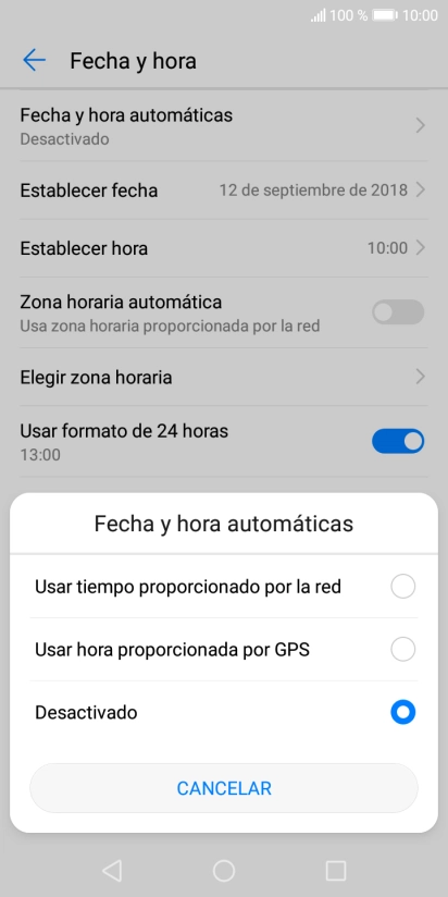 Pulsa Usar tiempo proporcionado por la red para activar la función.
