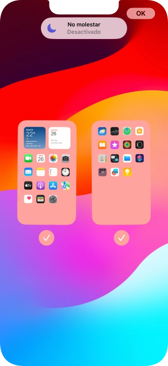 Pulsa en los campos bajo las páginas deseadas de la pantalla de inicio para activar o desactivar la visualización de páginas.