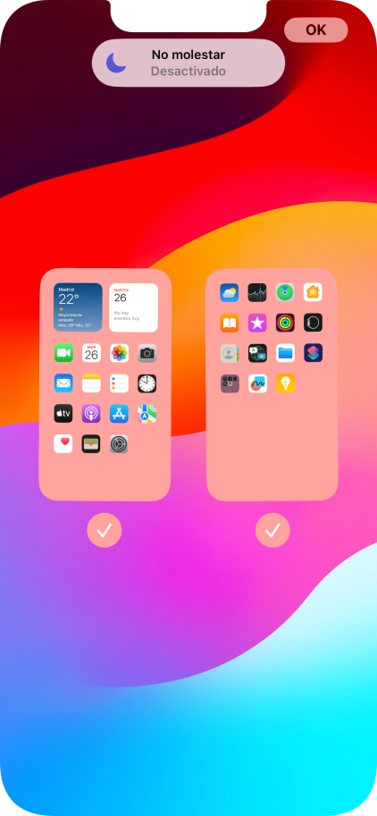Pulsa en los campos bajo las páginas deseadas de la pantalla de inicio para activar o desactivar la visualización de páginas.