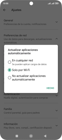 Para activar la actualización automática de apps utilizando la red móvil, pulsa En cualquier red.