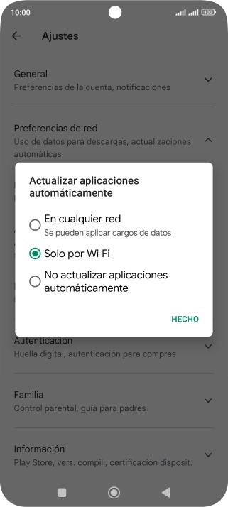 Para activar la actualización automática de apps utilizando la red móvil, pulsa En cualquier red.
