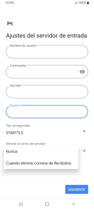 Pulsa Nunca para conservar los correos electrónicos en el servidor cuando los borras del teléfono.