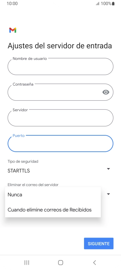 Pulsa Nunca para conservar los correos electrónicos en el servidor cuando los borras del teléfono.