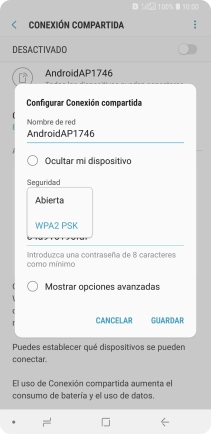 Pulsa WPA2 PSK para proteger la conexión wifi con una contraseña.