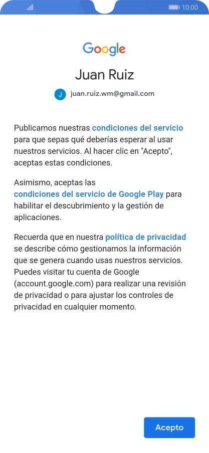 Pulsa Acepto y sigue las indicaciones de la pantalla para seleccionar los ajustes de tu cuenta de Google.