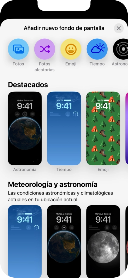 Pulsa una categoría y sigue las indicaciones de la pantalla para seleccionar la imagen de fondo deseada.