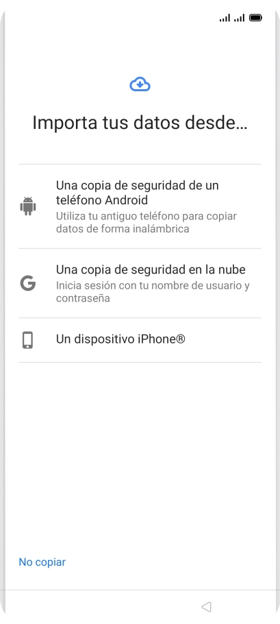 Pulsa el ajuste deseado y sigue las instrucciones de la pantalla para transferir el contenido del otro teléfono.