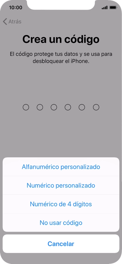 Sigue las indicaciones de la pantalla para activar el uso del código de seguridad o pulsa No usar código.