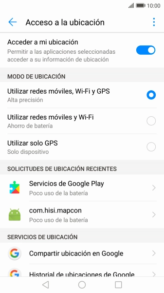 Si seleccionas Utilizar redes móviles, Wi-Fi y GPS, el teléfono podrá encontrar tu posición exacta con ayuda de los satélites GPS, la red móvil y una red wifi cercana. El GPS por satélite requiere vista libre al cielo.