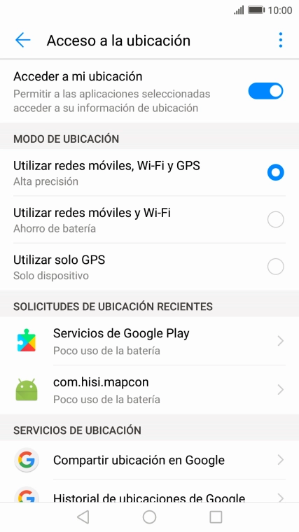 Si seleccionas Utilizar redes móviles, Wi-Fi y GPS, el teléfono podrá encontrar tu posición exacta con ayuda de los satélites GPS, la red móvil y una red wifi cercana. El GPS por satélite requiere vista libre al cielo.