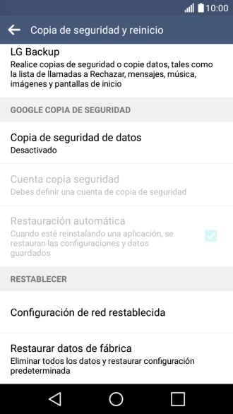 Pulsa Restaurar datos de fábrica.
