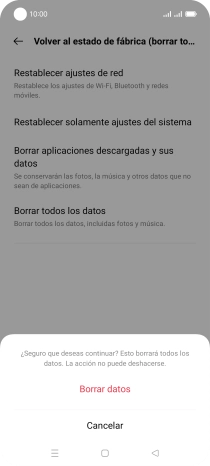 Pulsa Borrar datos. Espera unos instantes mientras el teléfono restablece la configuración predeterminada. Sigue las indicaciones de la pantalla para configurar el teléfono y dejarlo listo para su uso.