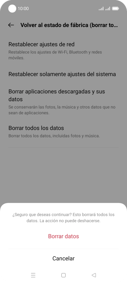 Pulsa Borrar datos. Espera unos instantes mientras el teléfono restablece la configuración predeterminada. Sigue las indicaciones de la pantalla para configurar el teléfono y dejarlo listo para su uso.