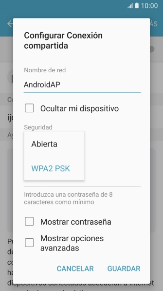 Pulsa WPA2 PSK para proteger la conexión wifi con una contraseña.