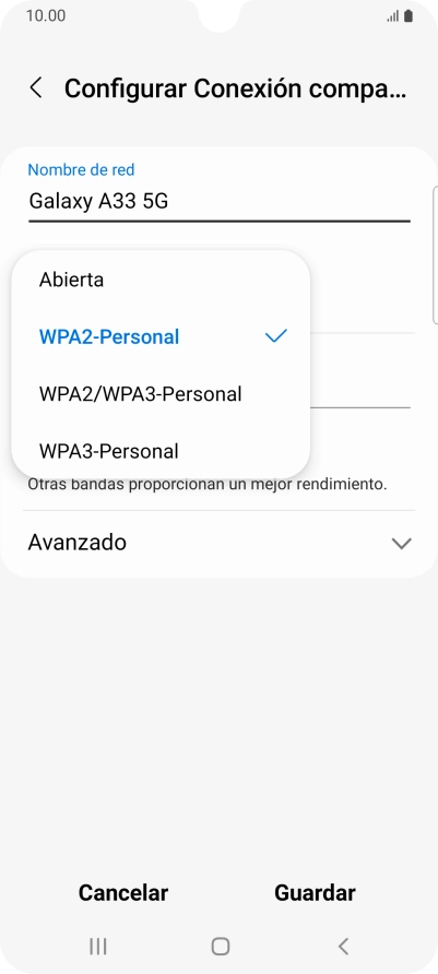 Pulsa WPA3-Personal para proteger la conexión wifi con una contraseña.