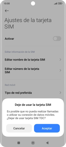 Si desactivas el uso de la línea móvil (SIM), debes pulsar Aceptar.