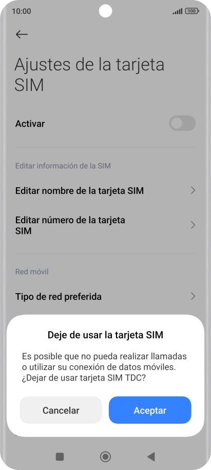 Si desactivas el uso de la línea móvil (SIM), debes pulsar Aceptar.
