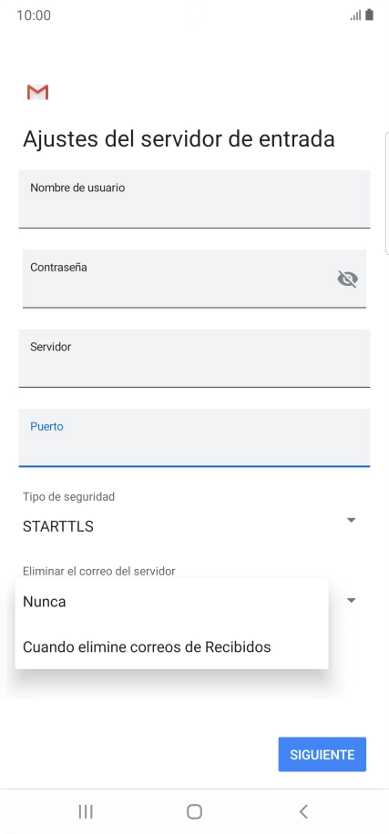 Pulsa Nunca para conservar los correos electrónicos en el servidor cuando los borras del teléfono.