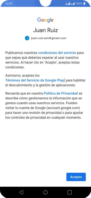Pulsa Acepto y sigue las indicaciones de la pantalla para seleccionar los ajustes de tu cuenta de Google.