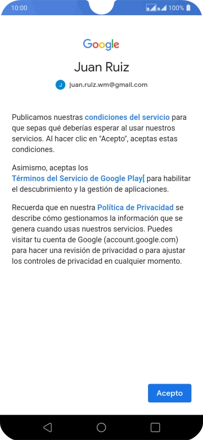 Pulsa Acepto y sigue las indicaciones de la pantalla para seleccionar los ajustes de tu cuenta de Google.