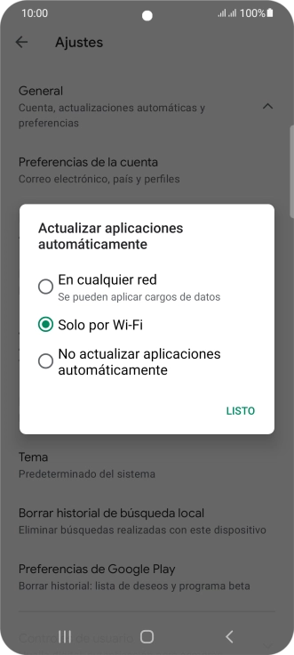 Para activar la actualización automática de apps utilizando la red móvil, pulsa En cualquier red.