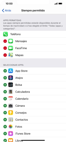 Pulsa el icono de añadir junto a la app deseada para añadirla a la lista de apps permitidas bajo el tiempo de inactividad de pantalla.
