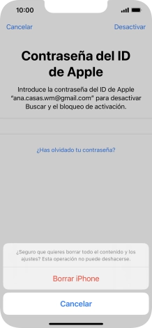 Introduce la contraseña de tu ID de Apple y pulsa Borrar iPhone. Espera unos instantes mientras el teléfono restablece la configuración predeterminada. Sigue las indicaciones de la pantalla para configurar el teléfono y dejarlo listo para su uso.