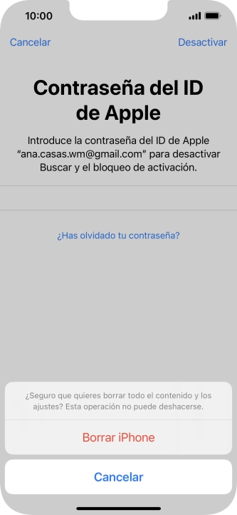Introduce la contraseña de tu ID de Apple y pulsa Borrar iPhone. Espera unos instantes mientras el teléfono restablece la configuración predeterminada. Sigue las indicaciones de la pantalla para configurar el teléfono y dejarlo listo para su uso.